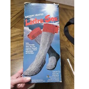 Vintage Lectra-Sox Battery Heated Socks Grey Red Model LS-3 Wool Blend Sz 12-13